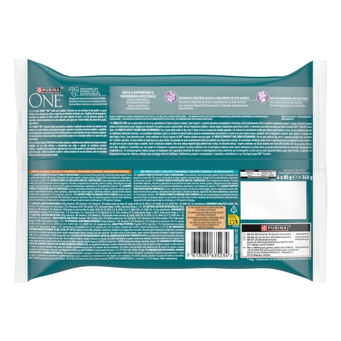 PURINA® ONE®  SENSITIVE Finas láminas en Salsa, Comida húmeda para gatos con Atún y Zanahorias, sobre 85g
