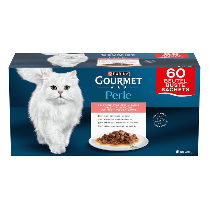 PURINA® GOURMET® Perle Finas láminas en Salsa con Conejo, Buey, Pollo y Salmón