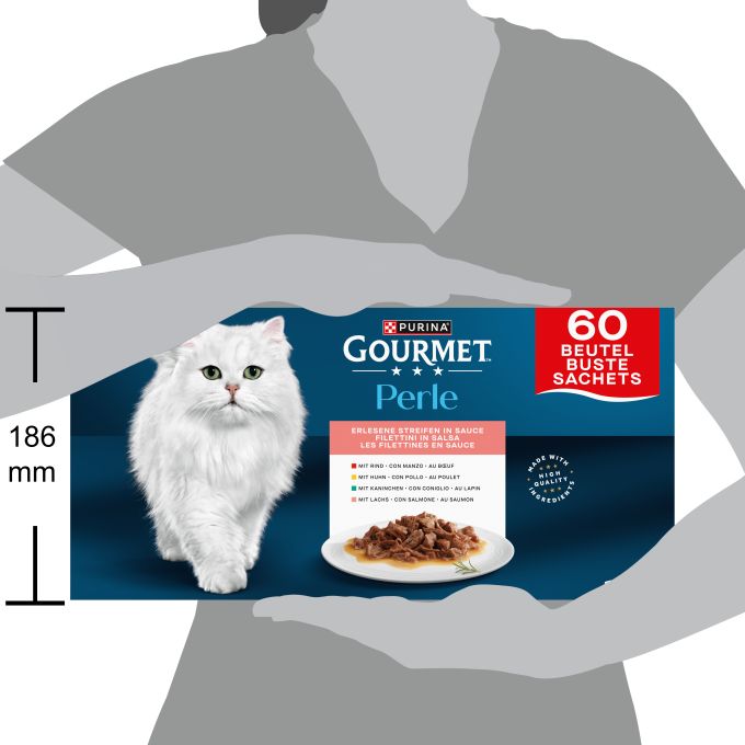 PURINA® GOURMET® Perle Finas láminas en Salsa con Conejo, Buey, Pollo y Salmón