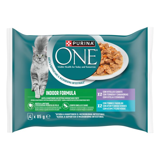 PURINA® ONE®  INDOOR FORMULA Finas Láminas en salsa con Atún y Judías Verdes, 4 x 85g sobre