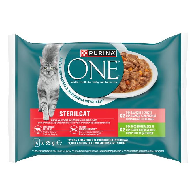 PURINA® ONE®  STERILCAT Finas láminas en Salsa, Comida húmeda para gatos con Salmón y Zanahorias, sobre 85g