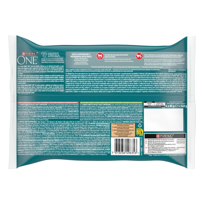 PURINA® ONE®  STERILCAT Finas láminas en Salsa, Comida húmeda para gatos con Salmón y Zanahorias, sobre 85g