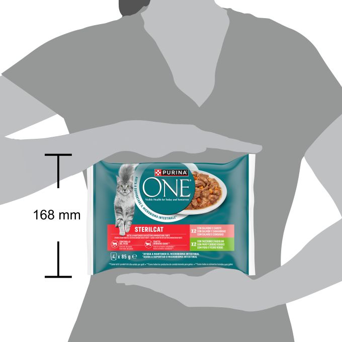 PURINA® ONE®  STERILCAT Finas láminas en Salsa, Comida húmeda para gatos con Salmón y Zanahorias, sobre 85g