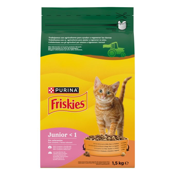 PURINA® FRISKIES®  Junior con Pollo, Pavo Verduras y Leche