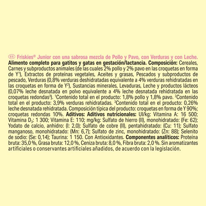 PURINA® FRISKIES®  Junior con Pollo, Pavo Verduras y Leche