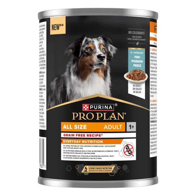 PURINA® PRO PLAN®  All size Adult Grain-free rico en Pescado en Salsa. Lata 400g