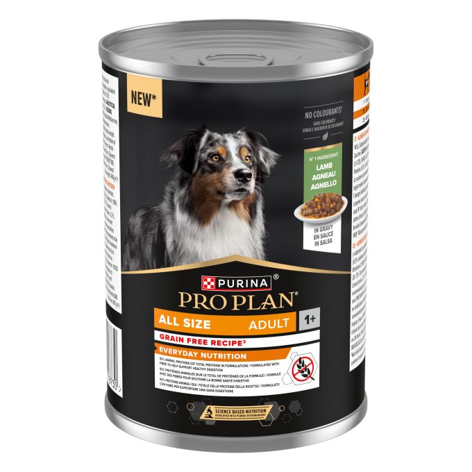 PURINA® PRO PLAN®  All size Adult Grain-free rico en Cordero en Salsa. Lata 400g