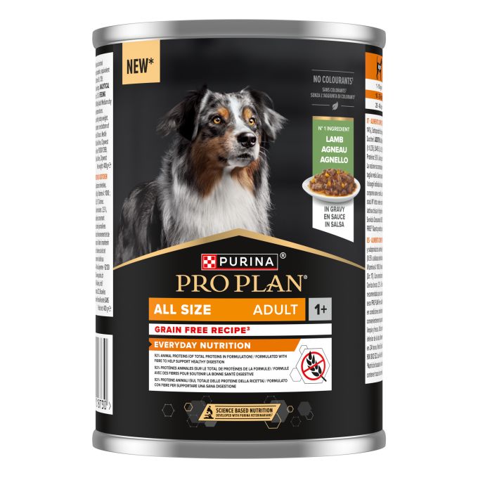 PURINA® PRO PLAN®  All size Adult Grain-free rico en Cordero en Salsa. Lata 400g