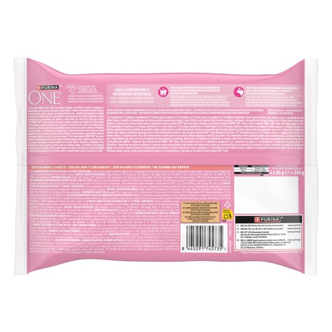 PURINA® ONE®   JUNIOR Mini Filetes en Salsa con Salmón y Zanahorias, sobre 85g