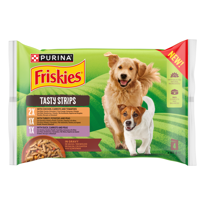 PURINA® FRISKIES®  Tasty Strips Adulto con Pollo, Pavo y Pato