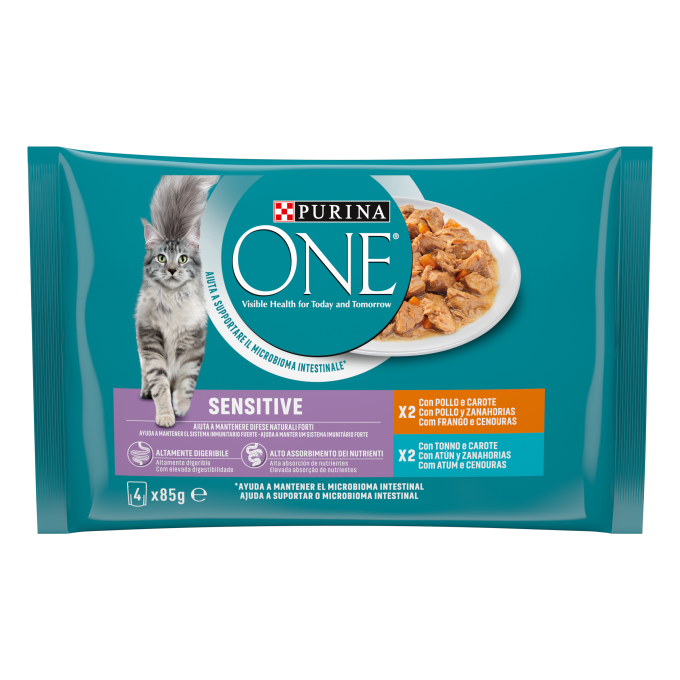 Purina ® ONE ® Sensitive Finas láminas en Salsa, Comida húmeda para gatos con Atún y Zanahorias, sobre