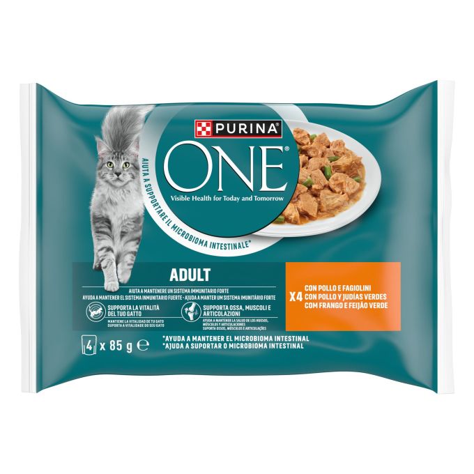 PURINA® ONE®  ADULT Mini filetes en Salsa con Pollo y Judías verdes, Buey y Zanahorias, sobre 85g