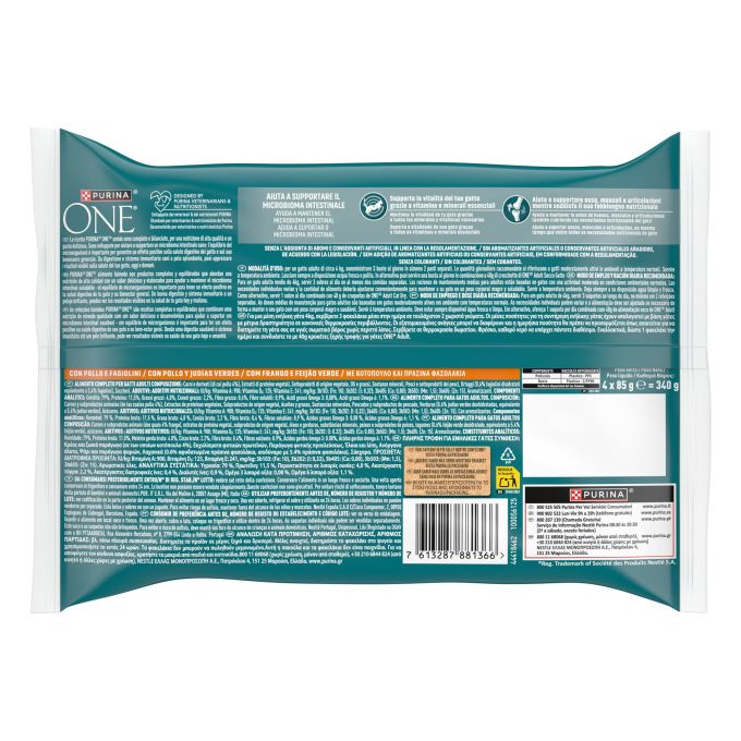 PURINA® ONE®  ADULT Mini filetes en Salsa con Pollo y Judías verdes, Buey y Zanahorias, sobre 85g
