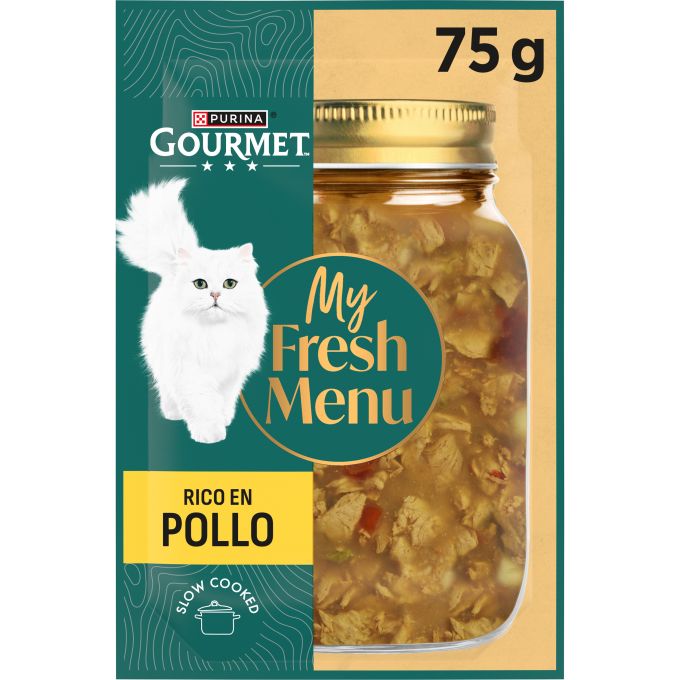 PURINA® GOURMET® My Fresh Menu Rico en Pollo, con guarnición de olivas, tomates y perlas de pasta