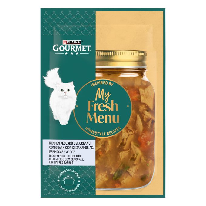 PURINA® GOURMET® My Fresh Menu Rico en Pescado del Océano, con guarnición de zanahorias, espinacas y arroz en salsa