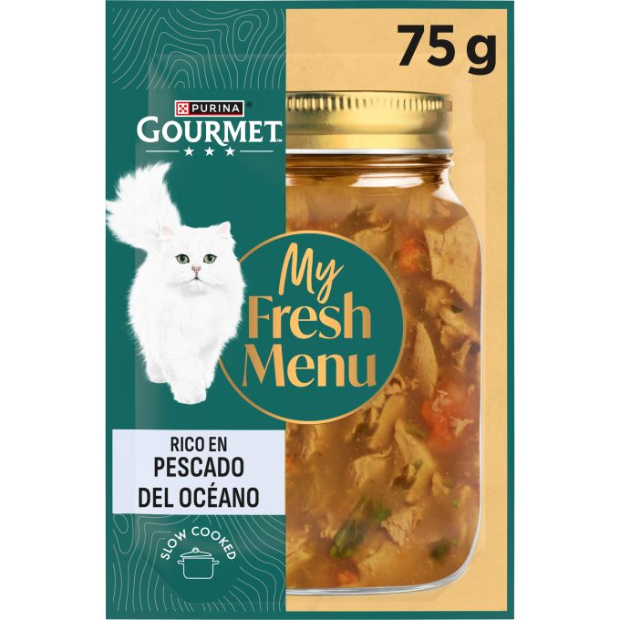 PURINA® GOURMET® My Fresh Menu Rico en Pescado del Océano, con guarnición de zanahorias, espinacas y arroz en salsa