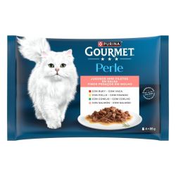Ver PURINA® GOURMET® Perle Finas Láminas en Salsa con Buey, Pollo, Conejo y Salmón