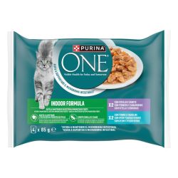 Ver PURINA® ONE® INDOOR FORMULA Finas Láminas en salsa con Atún y Judías Verdes, 4 x 85g sobre