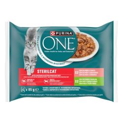Ver PURINA® ONE® STERILCAT Finas láminas en Salsa, Comida húmeda para gatos con Salmón y Zanahorias, sobre 85g