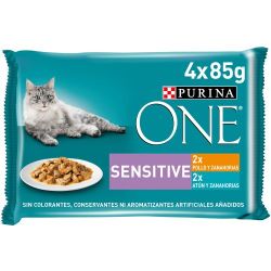 Ver Purina ® ONE ® Sensitive Finas láminas en Salsa, Comida húmeda para gatos con Atún y Zanahorias, sobre