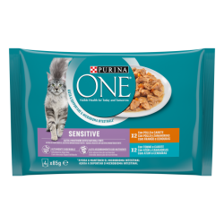 Ver Purina ® ONE ® Sensitive Finas láminas en Salsa, Comida húmeda para gatos con Atún y Zanahorias, sobre