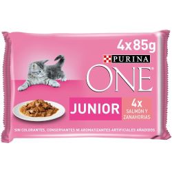 Ver PURINA® ONE® JUNIOR Mini Filetes en Salsa con Salmón y Zanahorias, sobre