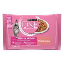 Ver PURINA® ONE® JUNIOR Mini Filetes en Salsa con Salmón y Zanahorias, sobre