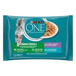 Ver PURINA® ONE® INDOOR FORMULA Finas Láminas en salsa con Atún y Judías Verdes, 4 x 85g sobre