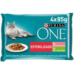 Ver PURINA® ONE® STERILCAT Finas láminas en Salsa, Comida húmeda para gatos con Salmón y Zanahorias, sobre