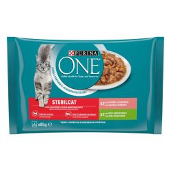 Ver PURINA® ONE® STERILCAT Finas láminas en Salsa, Comida húmeda para gatos con Salmón y Zanahorias, sobre