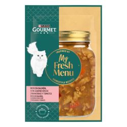 Ver PURINA® GOURMET® My Fresh Menu Rico en Salmón, con guarnición de zanahorias y tomates en salsa