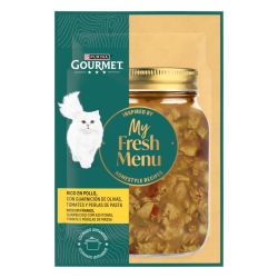 Ver PURINA® GOURMET® My Fresh Menu Rico en Pollo, con guarnición de olivas, tomates y perlas de pasta