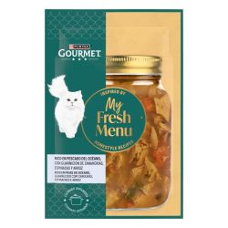 Ver PURINA® GOURMET® My Fresh Menu Rico en Pescado del Océano, con guarnición de zanahorias, espinacas y arroz en salsa